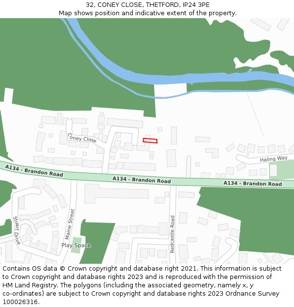 32, CONEY CLOSE, THETFORD, IP24 3PE: Location map and indicative extent of plot