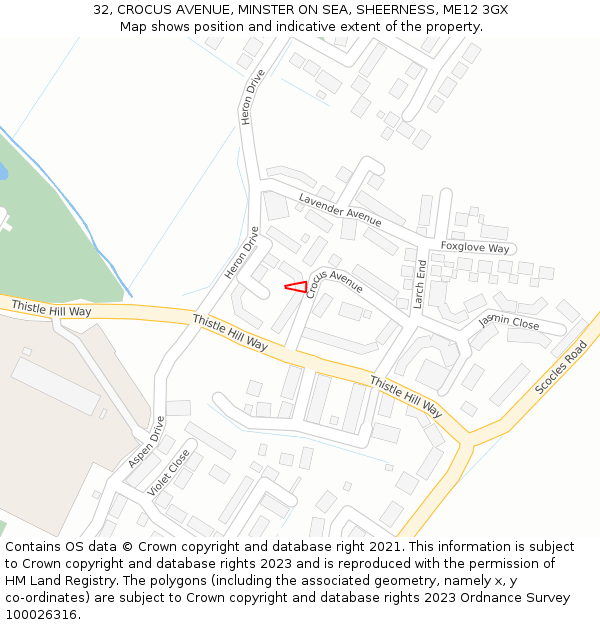 32, CROCUS AVENUE, MINSTER ON SEA, SHEERNESS, ME12 3GX: Location map and indicative extent of plot