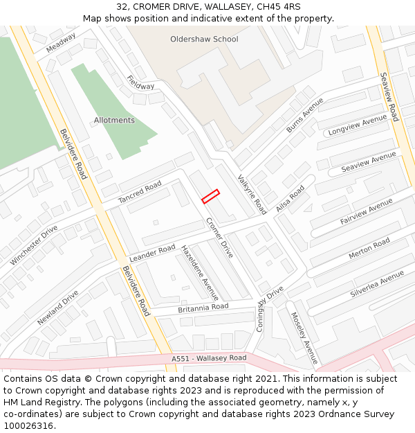 32, CROMER DRIVE, WALLASEY, CH45 4RS: Location map and indicative extent of plot