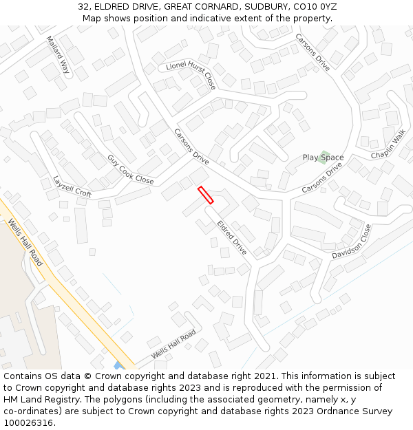 32, ELDRED DRIVE, GREAT CORNARD, SUDBURY, CO10 0YZ: Location map and indicative extent of plot