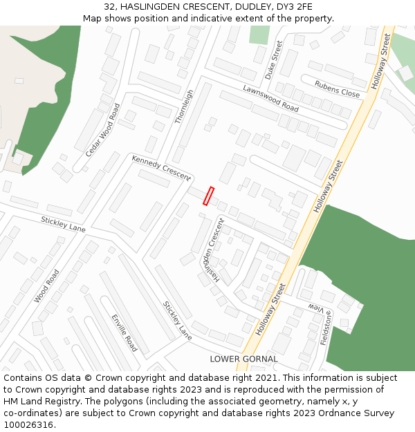 32, HASLINGDEN CRESCENT, DUDLEY, DY3 2FE: Location map and indicative extent of plot