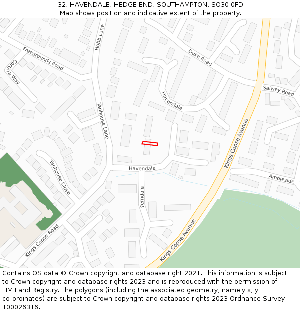 32, HAVENDALE, HEDGE END, SOUTHAMPTON, SO30 0FD: Location map and indicative extent of plot