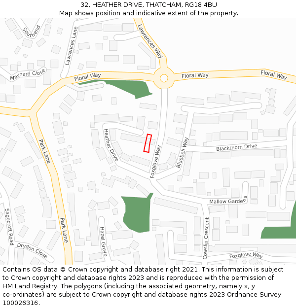 32, HEATHER DRIVE, THATCHAM, RG18 4BU: Location map and indicative extent of plot