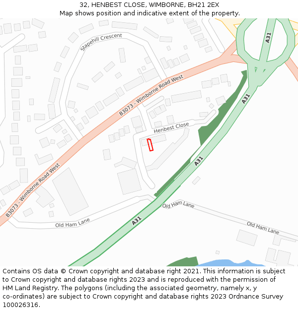 32, HENBEST CLOSE, WIMBORNE, BH21 2EX: Location map and indicative extent of plot