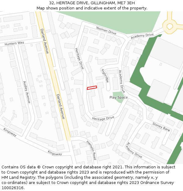 32, HERITAGE DRIVE, GILLINGHAM, ME7 3EH: Location map and indicative extent of plot