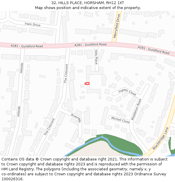32, HILLS PLACE, HORSHAM, RH12 1XT: Location map and indicative extent of plot