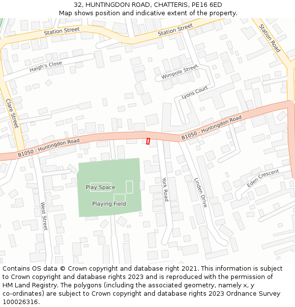 32, HUNTINGDON ROAD, CHATTERIS, PE16 6ED: Location map and indicative extent of plot