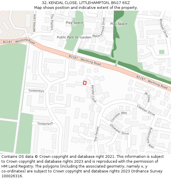 32, KENDAL CLOSE, LITTLEHAMPTON, BN17 6SZ: Location map and indicative extent of plot