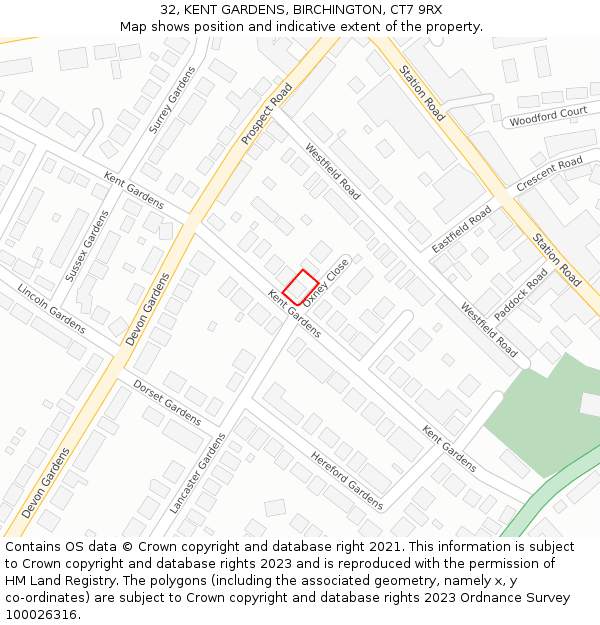 32, KENT GARDENS, BIRCHINGTON, CT7 9RX: Location map and indicative extent of plot