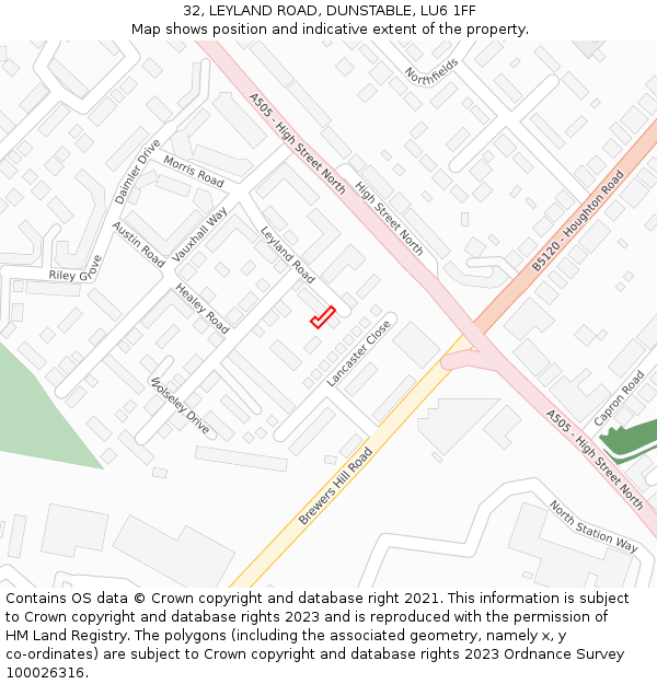 32, LEYLAND ROAD, DUNSTABLE, LU6 1FF: Location map and indicative extent of plot
