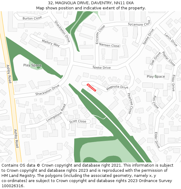 32, MAGNOLIA DRIVE, DAVENTRY, NN11 0XA: Location map and indicative extent of plot