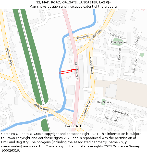 32, MAIN ROAD, GALGATE, LANCASTER, LA2 0JH: Location map and indicative extent of plot