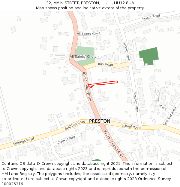 32, MAIN STREET, PRESTON, HULL, HU12 8UA: Location map and indicative extent of plot