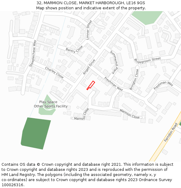 32, MARMION CLOSE, MARKET HARBOROUGH, LE16 9GS: Location map and indicative extent of plot