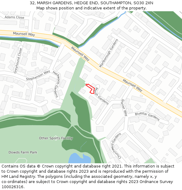 32, MARSH GARDENS, HEDGE END, SOUTHAMPTON, SO30 2XN: Location map and indicative extent of plot