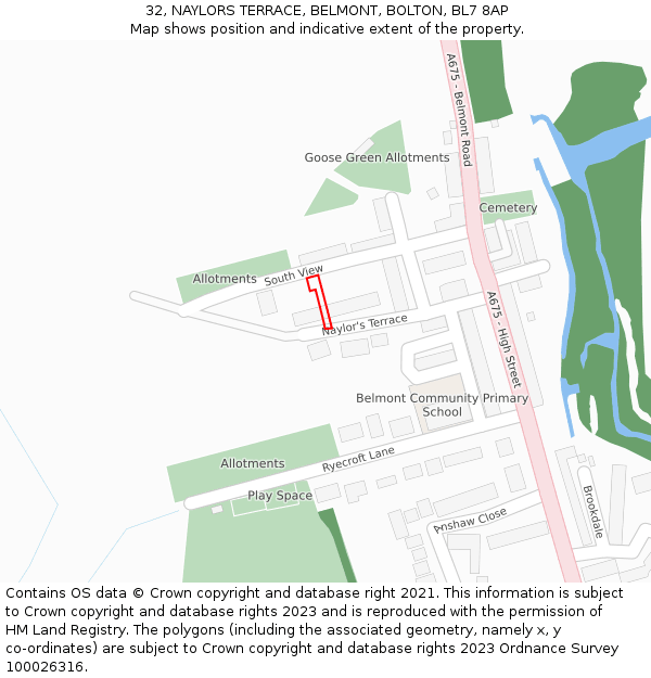 32, NAYLORS TERRACE, BELMONT, BOLTON, BL7 8AP: Location map and indicative extent of plot