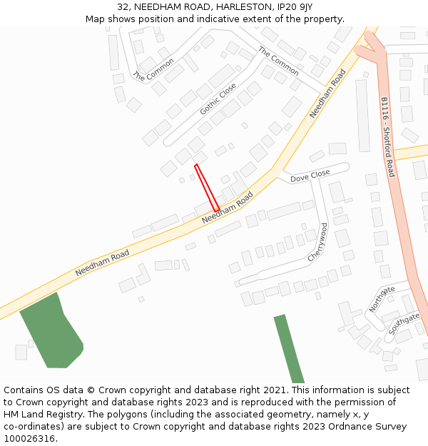 32, NEEDHAM ROAD, HARLESTON, IP20 9JY: Location map and indicative extent of plot