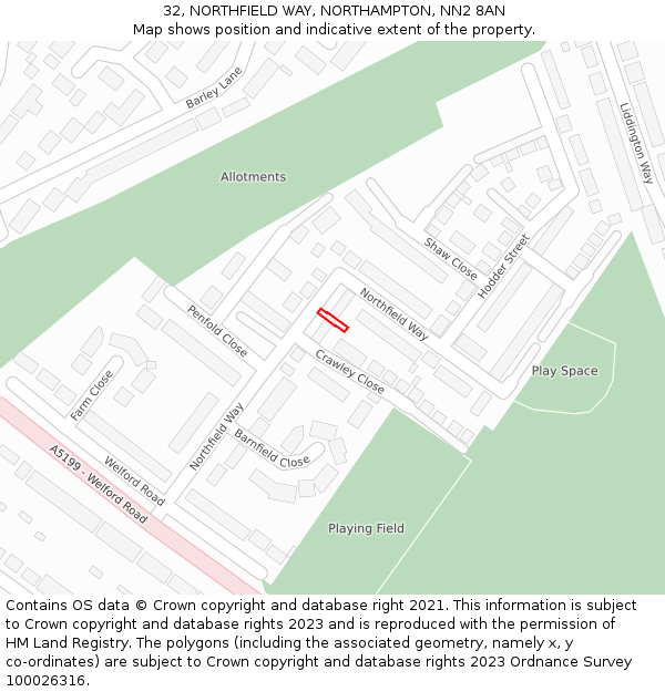 32, NORTHFIELD WAY, NORTHAMPTON, NN2 8AN: Location map and indicative extent of plot