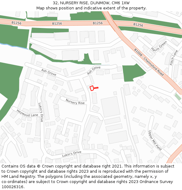 32, NURSERY RISE, DUNMOW, CM6 1XW: Location map and indicative extent of plot