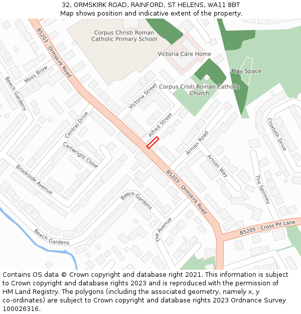 32, ORMSKIRK ROAD, RAINFORD, ST HELENS, WA11 8BT: Location map and indicative extent of plot