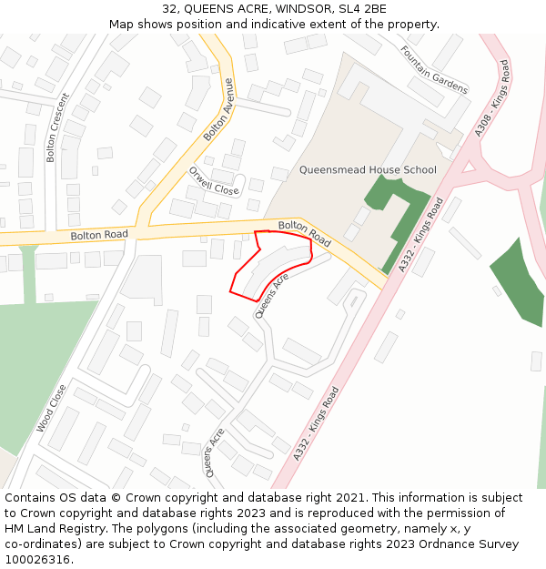32, QUEENS ACRE, WINDSOR, SL4 2BE: Location map and indicative extent of plot