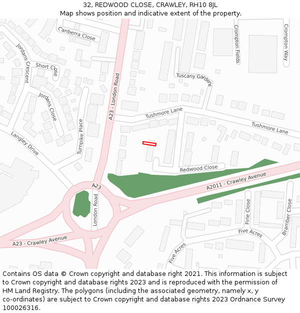 32, REDWOOD CLOSE, CRAWLEY, RH10 8JL: Location map and indicative extent of plot