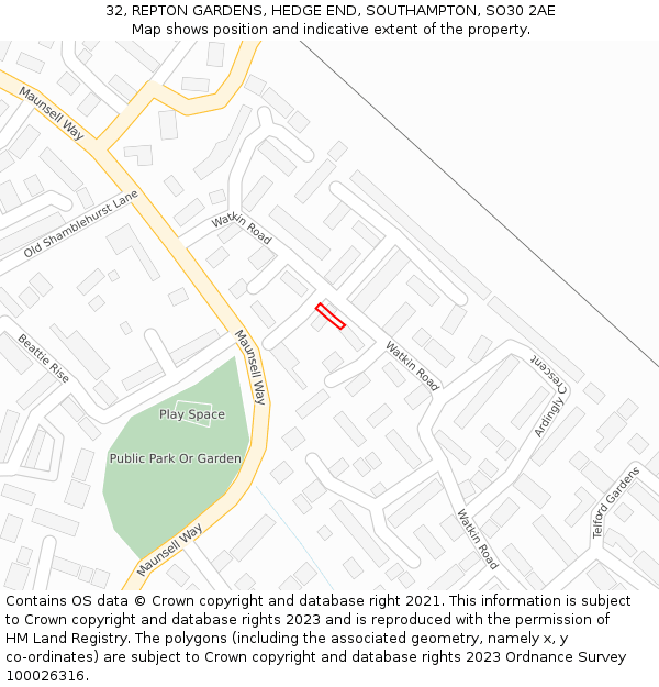 32, REPTON GARDENS, HEDGE END, SOUTHAMPTON, SO30 2AE: Location map and indicative extent of plot