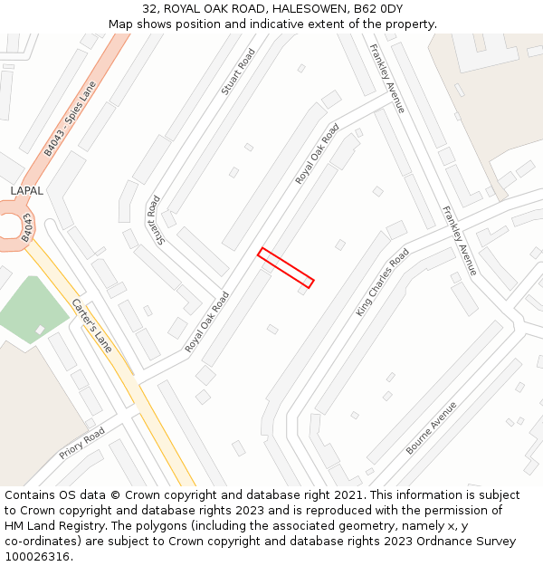32, ROYAL OAK ROAD, HALESOWEN, B62 0DY: Location map and indicative extent of plot