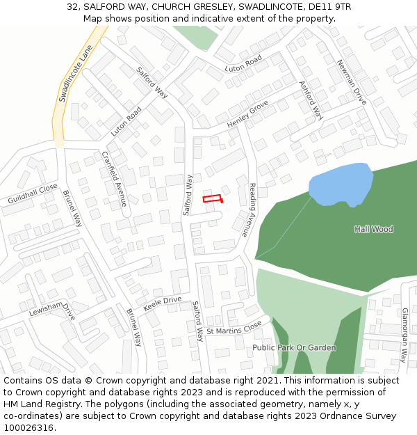 32, SALFORD WAY, CHURCH GRESLEY, SWADLINCOTE, DE11 9TR: Location map and indicative extent of plot