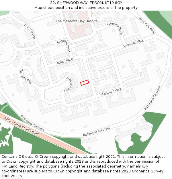 32, SHERWOOD WAY, EPSOM, KT19 8GY: Location map and indicative extent of plot