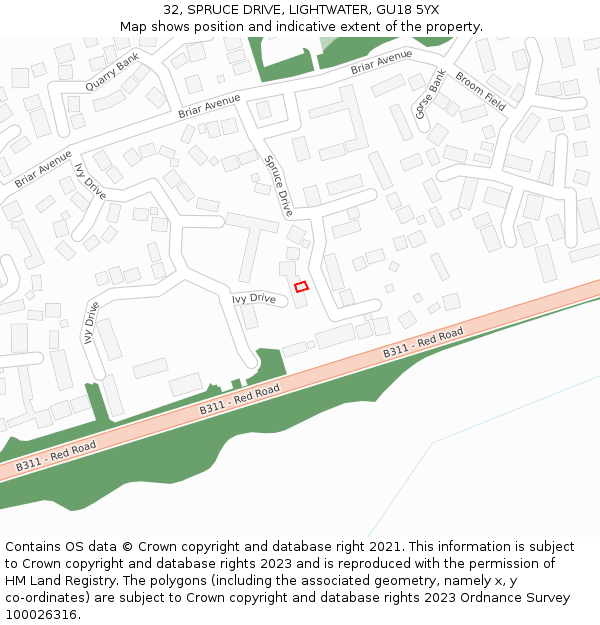 32, SPRUCE DRIVE, LIGHTWATER, GU18 5YX: Location map and indicative extent of plot
