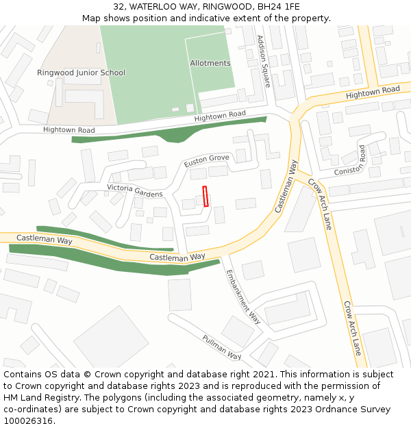 32, WATERLOO WAY, RINGWOOD, BH24 1FE: Location map and indicative extent of plot