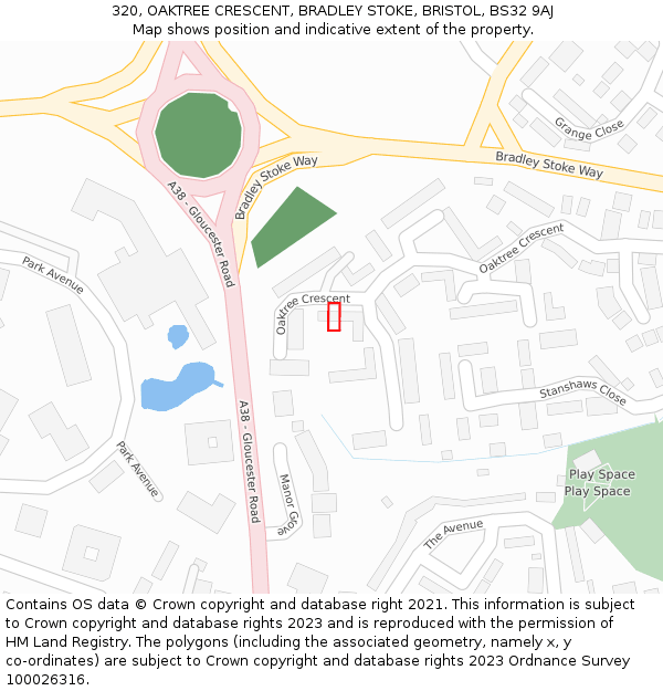 320, OAKTREE CRESCENT, BRADLEY STOKE, BRISTOL, BS32 9AJ: Location map and indicative extent of plot