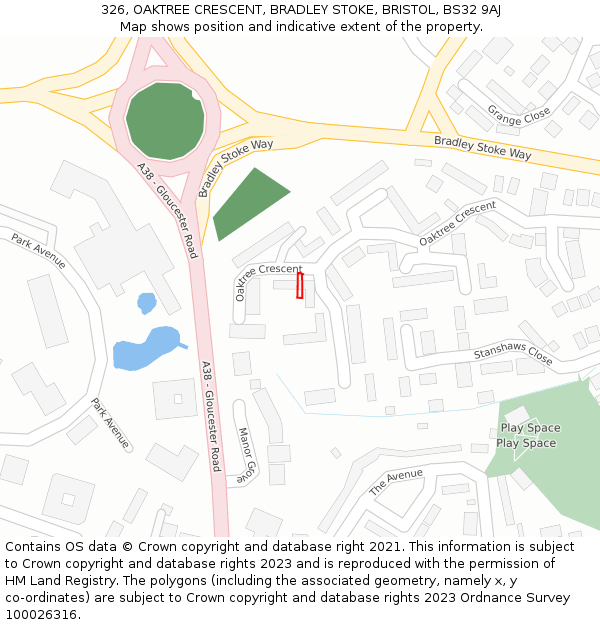 326, OAKTREE CRESCENT, BRADLEY STOKE, BRISTOL, BS32 9AJ: Location map and indicative extent of plot