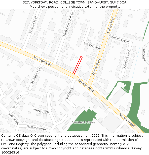 327, YORKTOWN ROAD, COLLEGE TOWN, SANDHURST, GU47 0QA: Location map and indicative extent of plot