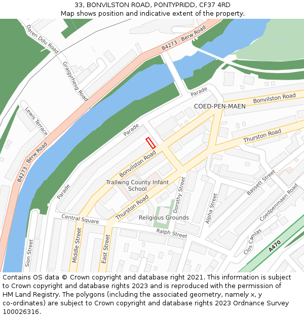 33, BONVILSTON ROAD, PONTYPRIDD, CF37 4RD: Location map and indicative extent of plot