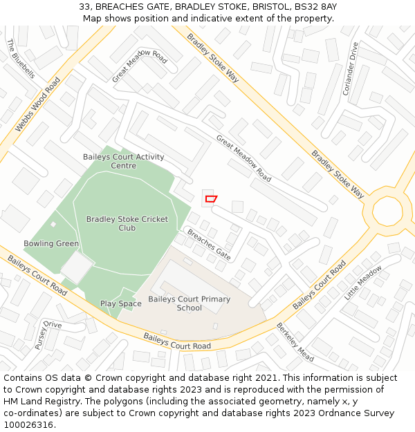 33, BREACHES GATE, BRADLEY STOKE, BRISTOL, BS32 8AY: Location map and indicative extent of plot