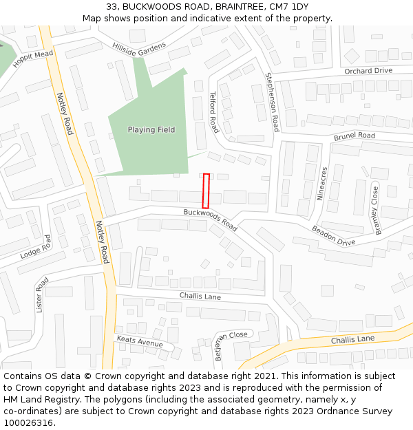 33, BUCKWOODS ROAD, BRAINTREE, CM7 1DY: Location map and indicative extent of plot