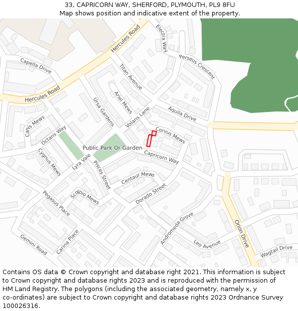 33, CAPRICORN WAY, SHERFORD, PLYMOUTH, PL9 8FU: Location map and indicative extent of plot