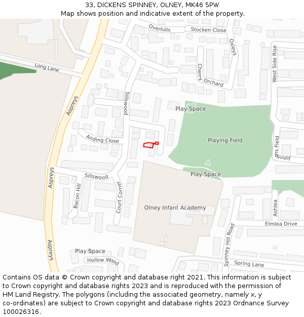 33, DICKENS SPINNEY, OLNEY, MK46 5PW: Location map and indicative extent of plot