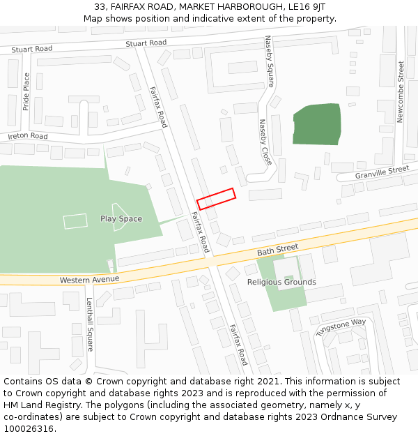 33, FAIRFAX ROAD, MARKET HARBOROUGH, LE16 9JT: Location map and indicative extent of plot