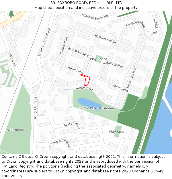 33, FOXBORO ROAD, REDHILL, RH1 1TD: Location map and indicative extent of plot
