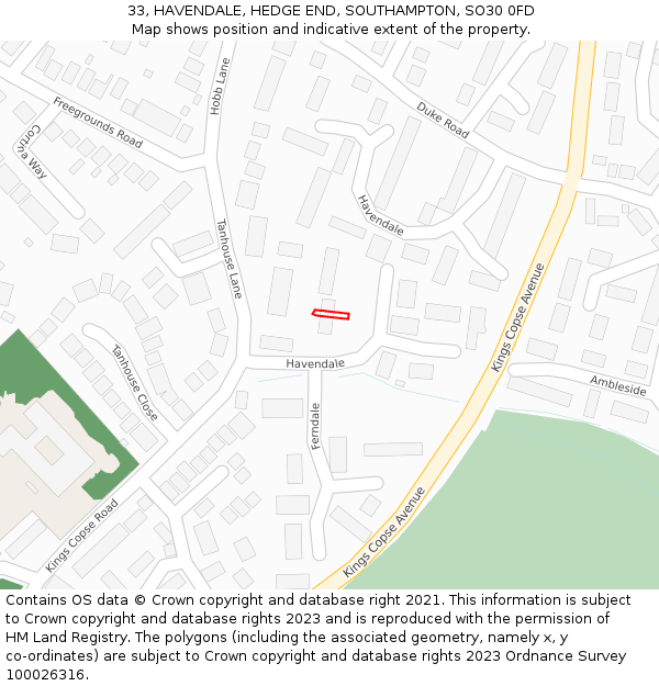 33, HAVENDALE, HEDGE END, SOUTHAMPTON, SO30 0FD: Location map and indicative extent of plot