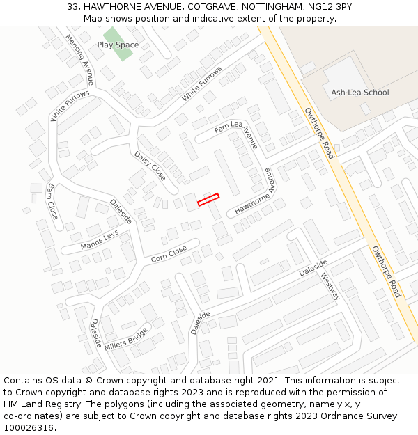 33, HAWTHORNE AVENUE, COTGRAVE, NOTTINGHAM, NG12 3PY: Location map and indicative extent of plot