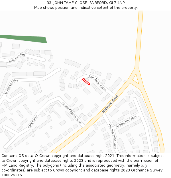 33, JOHN TAME CLOSE, FAIRFORD, GL7 4NP: Location map and indicative extent of plot