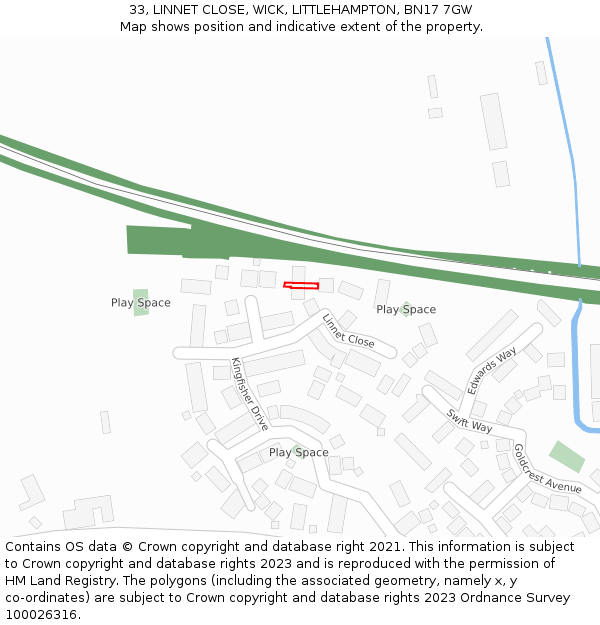 33, LINNET CLOSE, WICK, LITTLEHAMPTON, BN17 7GW: Location map and indicative extent of plot