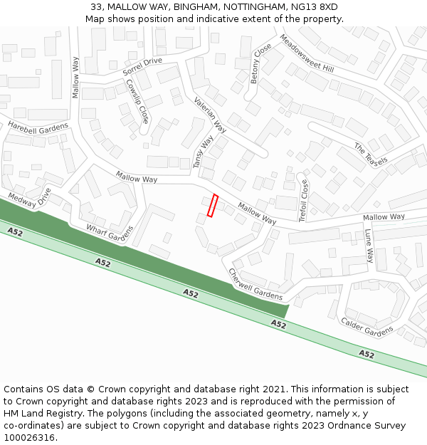 33, MALLOW WAY, BINGHAM, NOTTINGHAM, NG13 8XD: Location map and indicative extent of plot