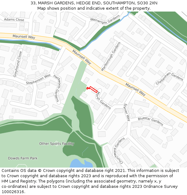 33, MARSH GARDENS, HEDGE END, SOUTHAMPTON, SO30 2XN: Location map and indicative extent of plot
