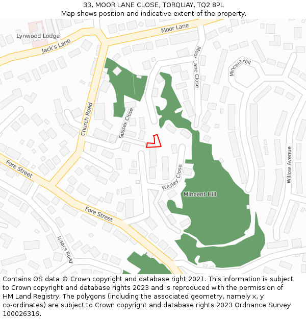 33, MOOR LANE CLOSE, TORQUAY, TQ2 8PL: Location map and indicative extent of plot