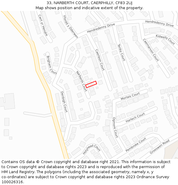 33, NARBERTH COURT, CAERPHILLY, CF83 2UJ: Location map and indicative extent of plot